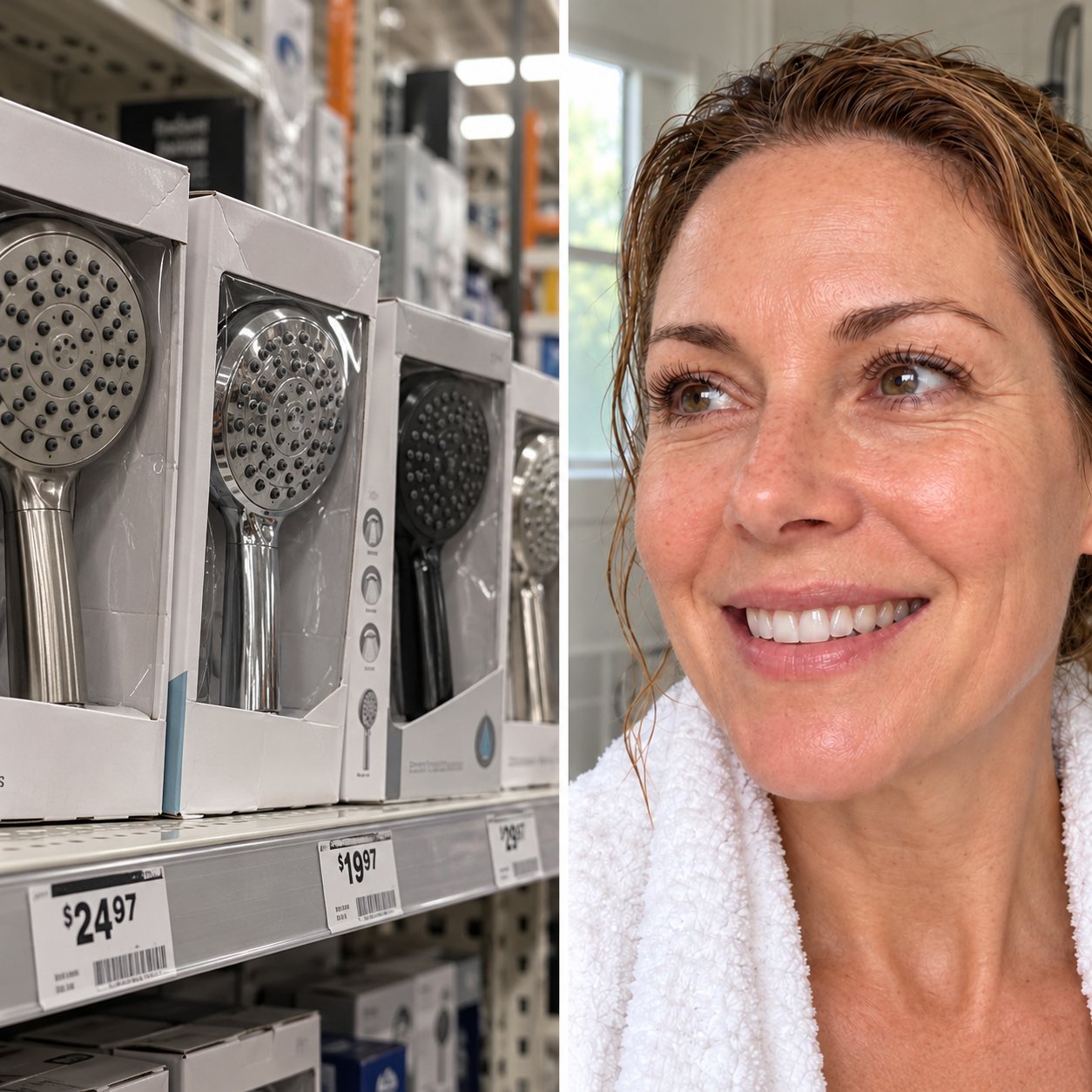 A shelf of filtered shower heads next to a woman with fresh, calm skin after a shower