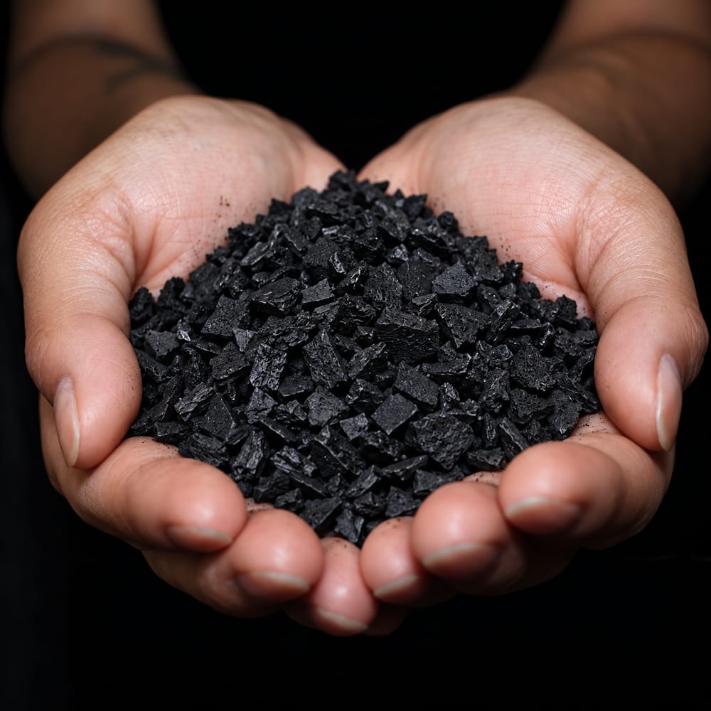Hands holding coconut activated carbon granules